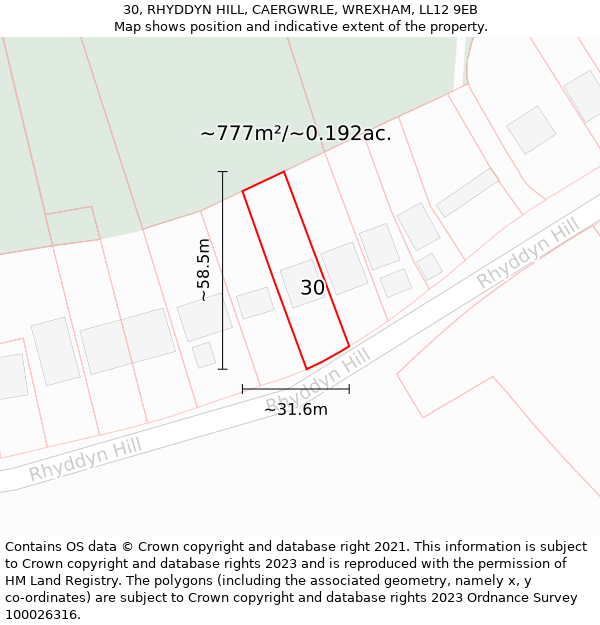 30, RHYDDYN HILL, CAERGWRLE, WREXHAM, LL12 9EB: Plot and title map