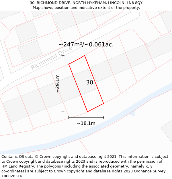 30, RICHMOND DRIVE, NORTH HYKEHAM, LINCOLN, LN6 8QY: Plot and title map