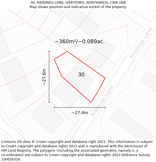 30, RIDDINGS LANE, HARTFORD, NORTHWICH, CW8 1NB: Plot and title map