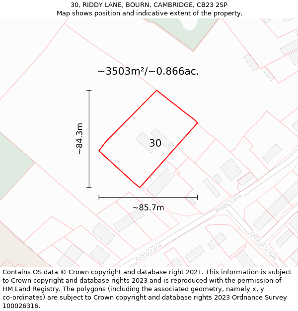 30, RIDDY LANE, BOURN, CAMBRIDGE, CB23 2SP: Plot and title map