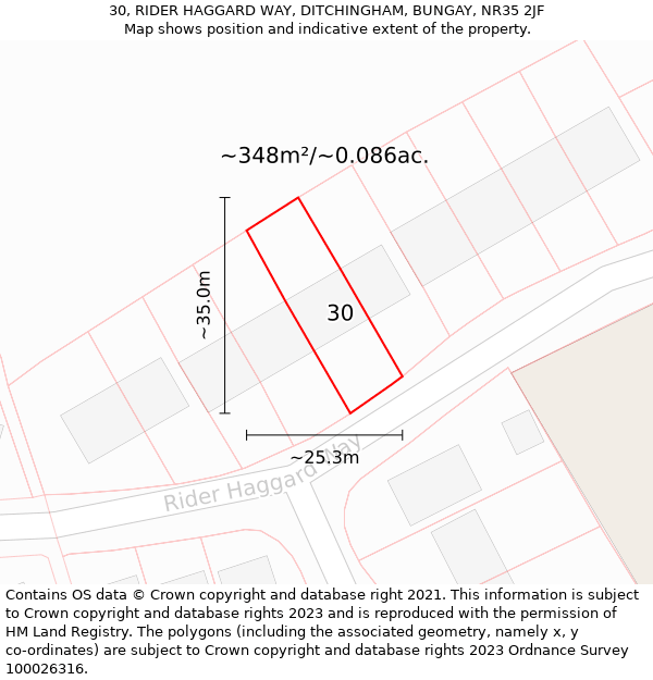 30, RIDER HAGGARD WAY, DITCHINGHAM, BUNGAY, NR35 2JF: Plot and title map