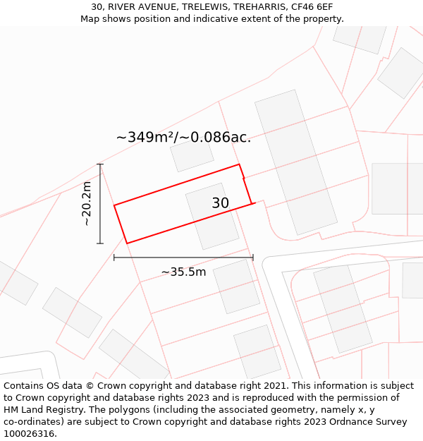 30, RIVER AVENUE, TRELEWIS, TREHARRIS, CF46 6EF: Plot and title map