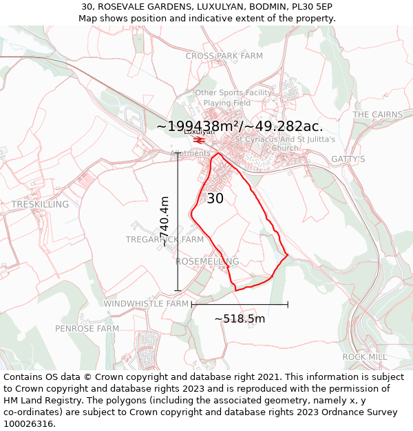 30, ROSEVALE GARDENS, LUXULYAN, BODMIN, PL30 5EP: Plot and title map