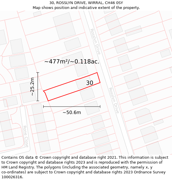 30, ROSSLYN DRIVE, WIRRAL, CH46 0SY: Plot and title map