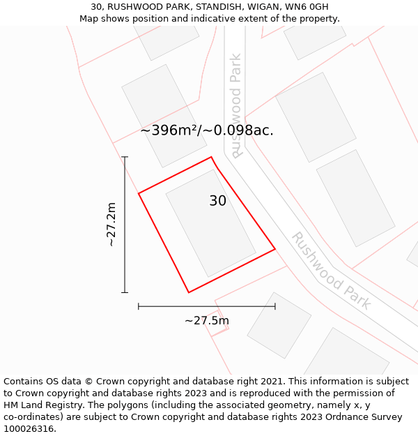 30, RUSHWOOD PARK, STANDISH, WIGAN, WN6 0GH: Plot and title map