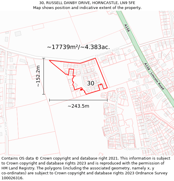 30, RUSSELL DANBY DRIVE, HORNCASTLE, LN9 5FE: Plot and title map