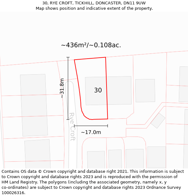 30, RYE CROFT, TICKHILL, DONCASTER, DN11 9UW: Plot and title map