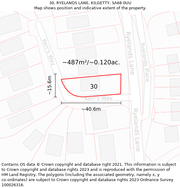 30, RYELANDS LANE, KILGETTY, SA68 0UU: Plot and title map