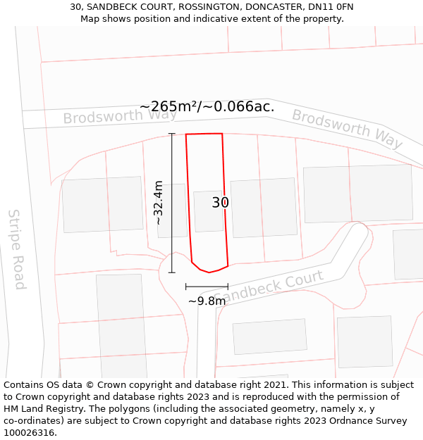 30, SANDBECK COURT, ROSSINGTON, DONCASTER, DN11 0FN: Plot and title map