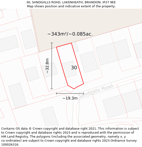 30, SANDGALLS ROAD, LAKENHEATH, BRANDON, IP27 9EE: Plot and title map