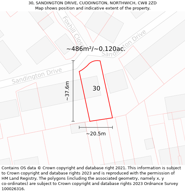 30, SANDINGTON DRIVE, CUDDINGTON, NORTHWICH, CW8 2ZD: Plot and title map