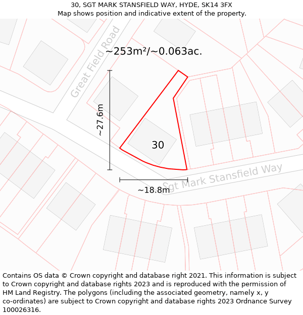 30, SGT MARK STANSFIELD WAY, HYDE, SK14 3FX: Plot and title map