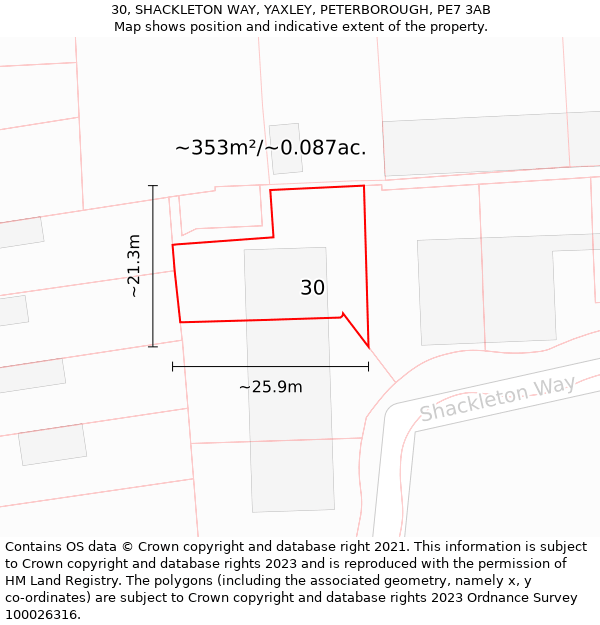 30, SHACKLETON WAY, YAXLEY, PETERBOROUGH, PE7 3AB: Plot and title map