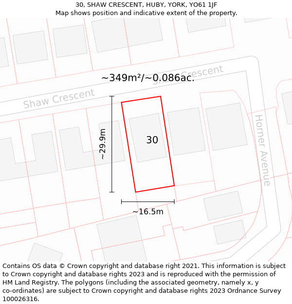 30, SHAW CRESCENT, HUBY, YORK, YO61 1JF: Plot and title map