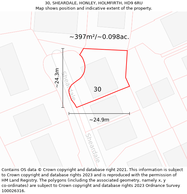 30, SHEARDALE, HONLEY, HOLMFIRTH, HD9 6RU: Plot and title map