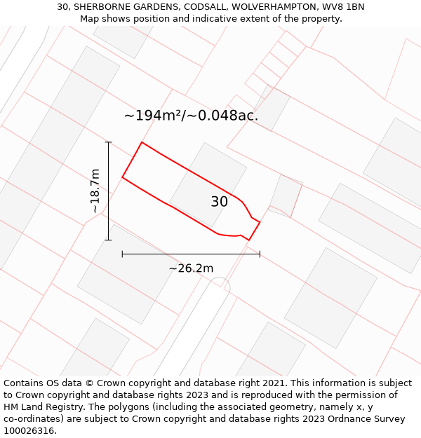 30, SHERBORNE GARDENS, CODSALL, WOLVERHAMPTON, WV8 1BN: Plot and title map