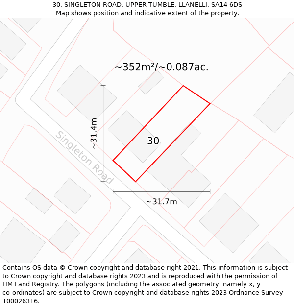 30, SINGLETON ROAD, UPPER TUMBLE, LLANELLI, SA14 6DS: Plot and title map