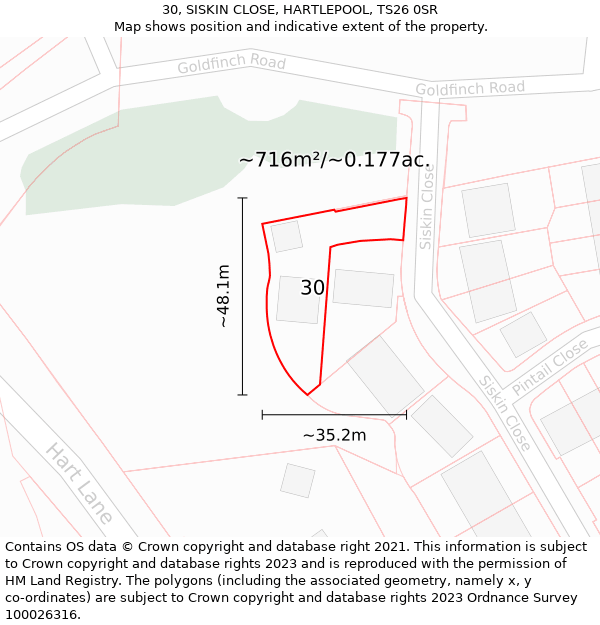 30, SISKIN CLOSE, HARTLEPOOL, TS26 0SR: Plot and title map