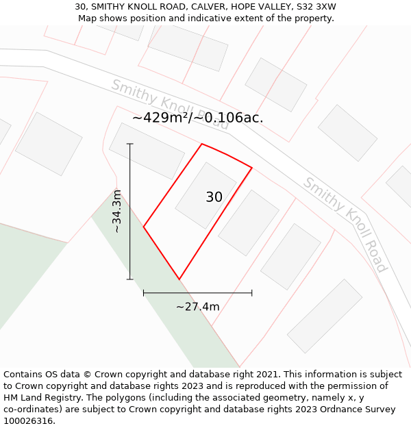 30, SMITHY KNOLL ROAD, CALVER, HOPE VALLEY, S32 3XW: Plot and title map