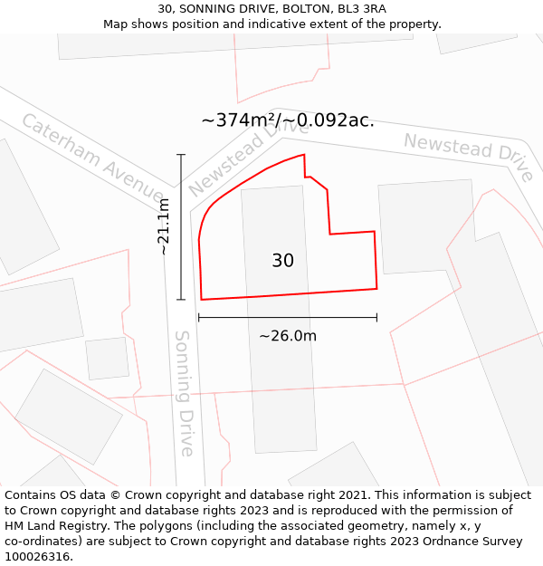 30, SONNING DRIVE, BOLTON, BL3 3RA: Plot and title map