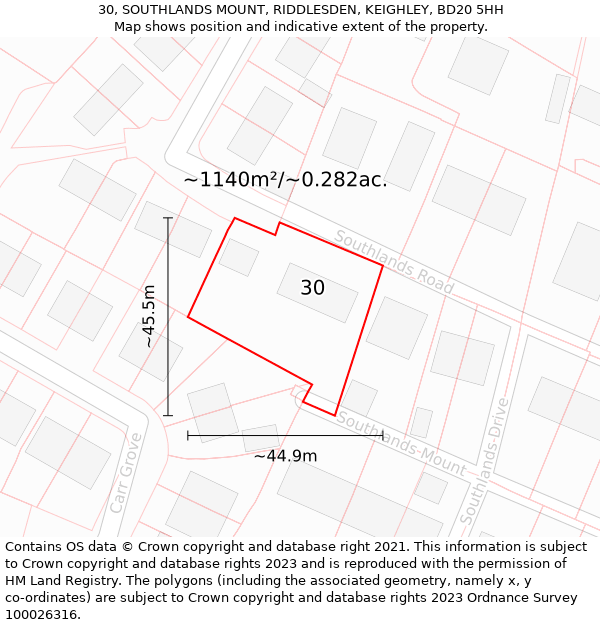 30, SOUTHLANDS MOUNT, RIDDLESDEN, KEIGHLEY, BD20 5HH: Plot and title map