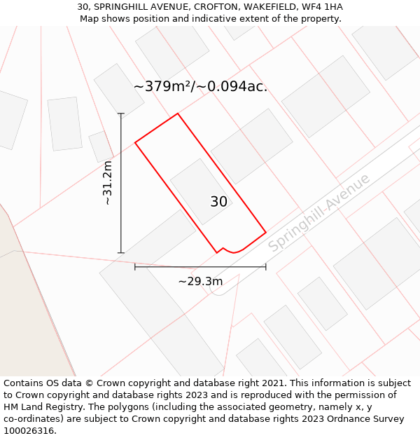 30, SPRINGHILL AVENUE, CROFTON, WAKEFIELD, WF4 1HA: Plot and title map