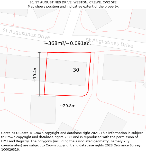 30, ST AUGUSTINES DRIVE, WESTON, CREWE, CW2 5FE: Plot and title map