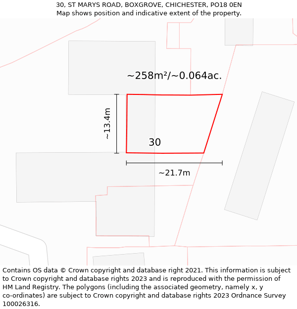 30, ST MARYS ROAD, BOXGROVE, CHICHESTER, PO18 0EN: Plot and title map