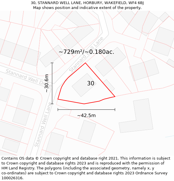 30, STANNARD WELL LANE, HORBURY, WAKEFIELD, WF4 6BJ: Plot and title map