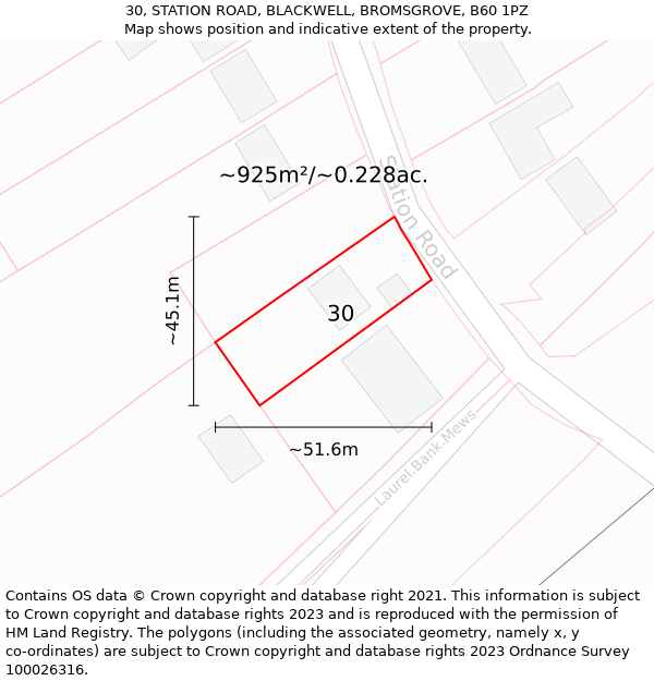 30, STATION ROAD, BLACKWELL, BROMSGROVE, B60 1PZ: Plot and title map