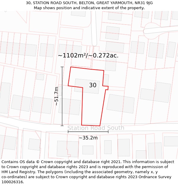 30, STATION ROAD SOUTH, BELTON, GREAT YARMOUTH, NR31 9JG: Plot and title map