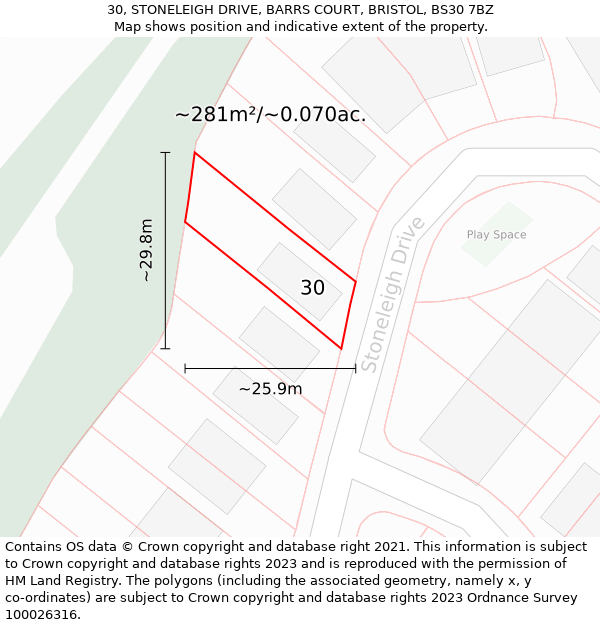 30, STONELEIGH DRIVE, BARRS COURT, BRISTOL, BS30 7BZ: Plot and title map