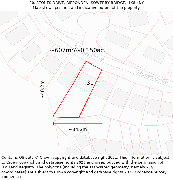 30, STONES DRIVE, RIPPONDEN, SOWERBY BRIDGE, HX6 4NY: Plot and title map