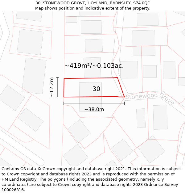 30, STONEWOOD GROVE, HOYLAND, BARNSLEY, S74 0QF: Plot and title map