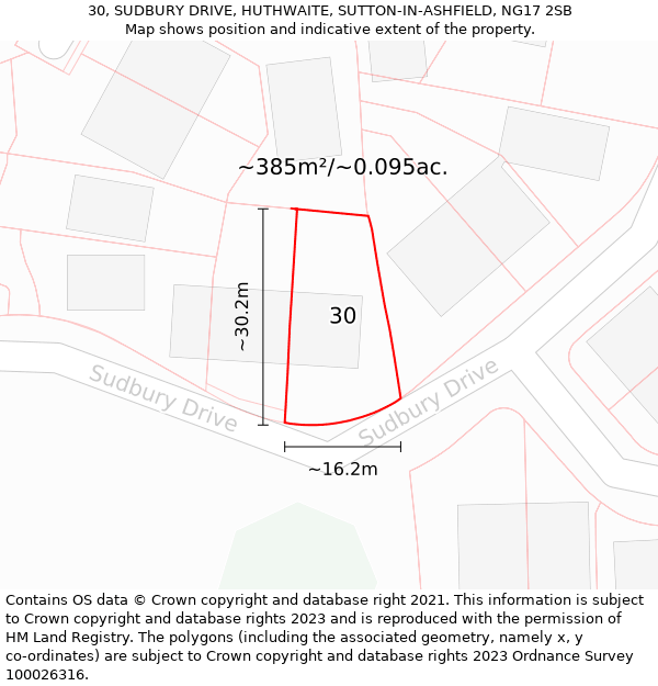 30, SUDBURY DRIVE, HUTHWAITE, SUTTON-IN-ASHFIELD, NG17 2SB: Plot and title map