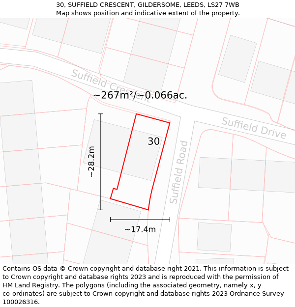 30, SUFFIELD CRESCENT, GILDERSOME, LEEDS, LS27 7WB: Plot and title map