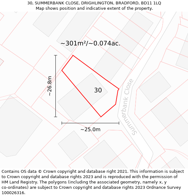 30, SUMMERBANK CLOSE, DRIGHLINGTON, BRADFORD, BD11 1LQ: Plot and title map