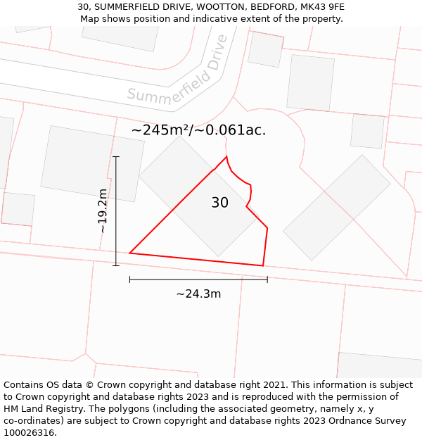 30, SUMMERFIELD DRIVE, WOOTTON, BEDFORD, MK43 9FE: Plot and title map