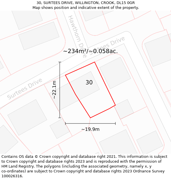 30, SURTEES DRIVE, WILLINGTON, CROOK, DL15 0GR: Plot and title map