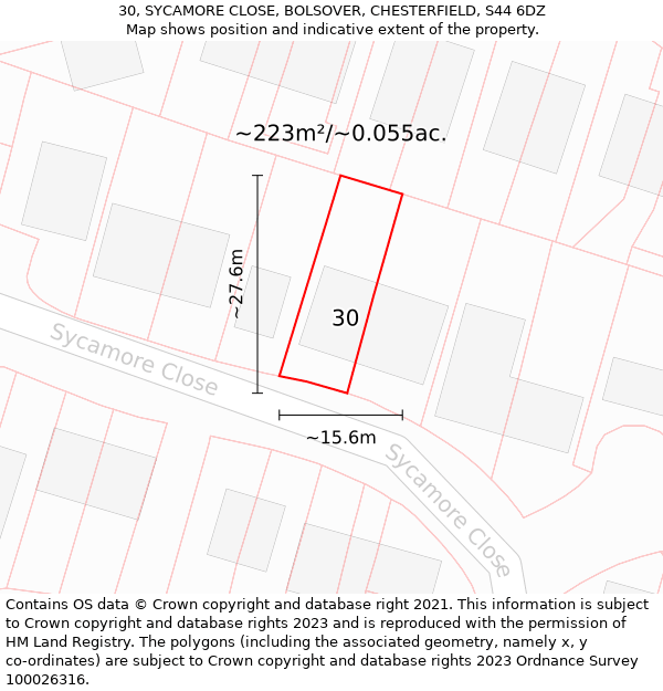 30, SYCAMORE CLOSE, BOLSOVER, CHESTERFIELD, S44 6DZ: Plot and title map