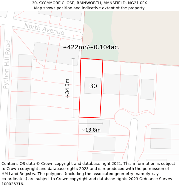 30, SYCAMORE CLOSE, RAINWORTH, MANSFIELD, NG21 0FX: Plot and title map