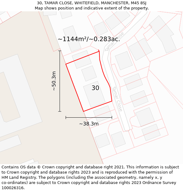 30, TAMAR CLOSE, WHITEFIELD, MANCHESTER, M45 8SJ: Plot and title map