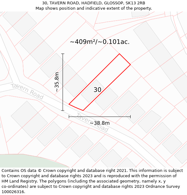 30, TAVERN ROAD, HADFIELD, GLOSSOP, SK13 2RB: Plot and title map