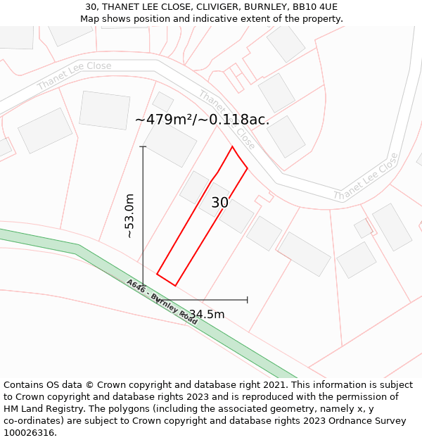 30, THANET LEE CLOSE, CLIVIGER, BURNLEY, BB10 4UE: Plot and title map