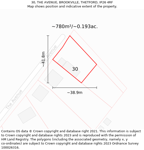 30, THE AVENUE, BROOKVILLE, THETFORD, IP26 4RF: Plot and title map