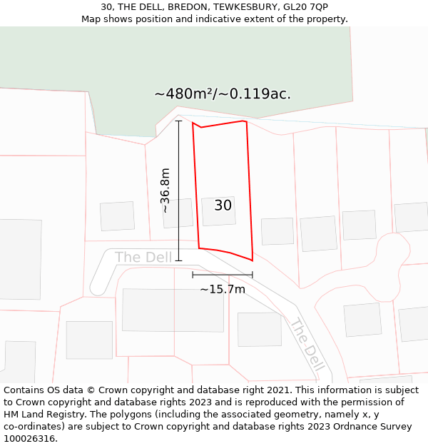 30, THE DELL, BREDON, TEWKESBURY, GL20 7QP: Plot and title map