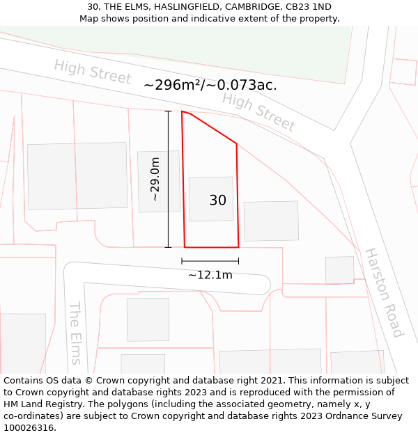 30, THE ELMS, HASLINGFIELD, CAMBRIDGE, CB23 1ND: Plot and title map