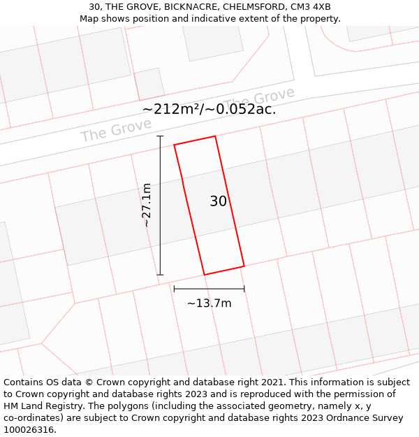 30, THE GROVE, BICKNACRE, CHELMSFORD, CM3 4XB: Plot and title map