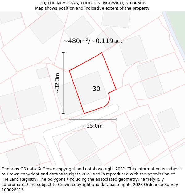 30, THE MEADOWS, THURTON, NORWICH, NR14 6BB: Plot and title map