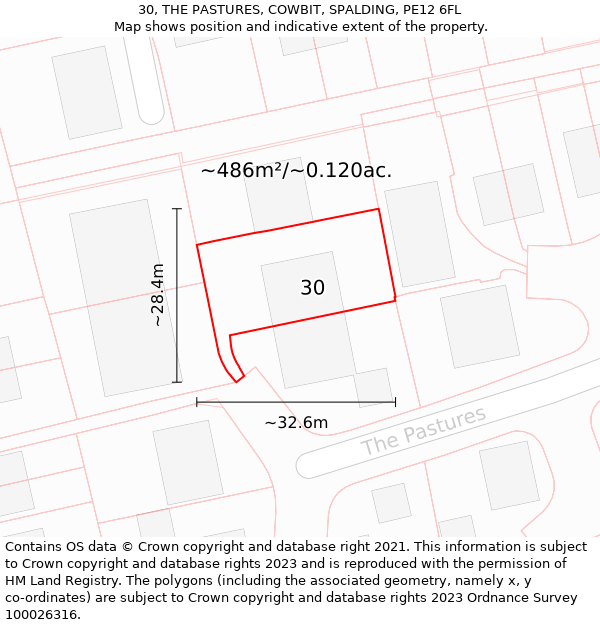 30, THE PASTURES, COWBIT, SPALDING, PE12 6FL: Plot and title map